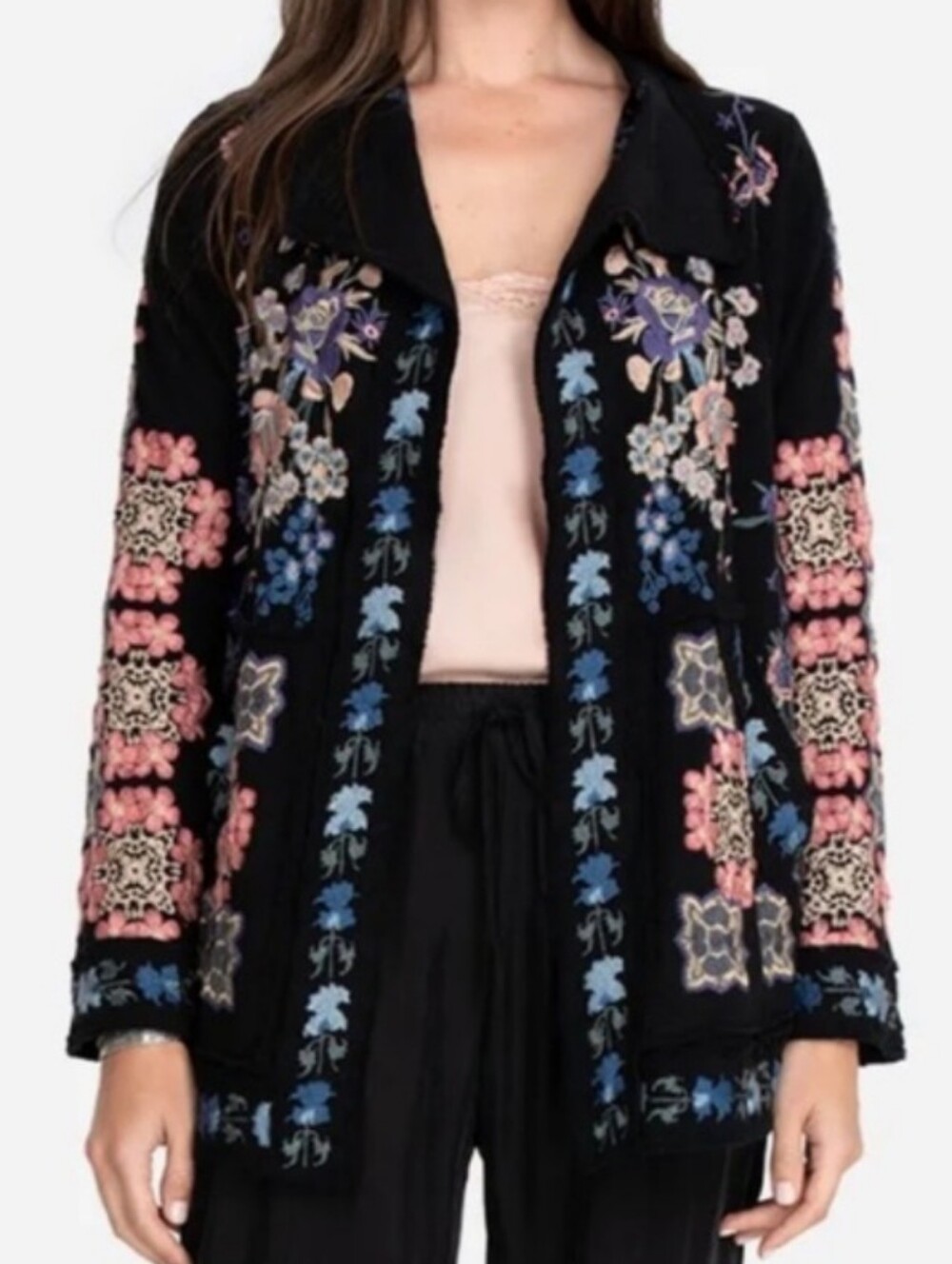Johnny Was Biya Riu Black Embroidered Open-Front Jacket Coat Floral Size M EUC